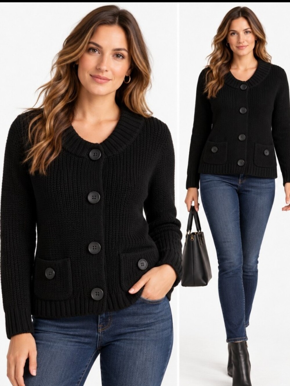 Talbots Black Heavy Knit Cardigan Sweater Sz Lg